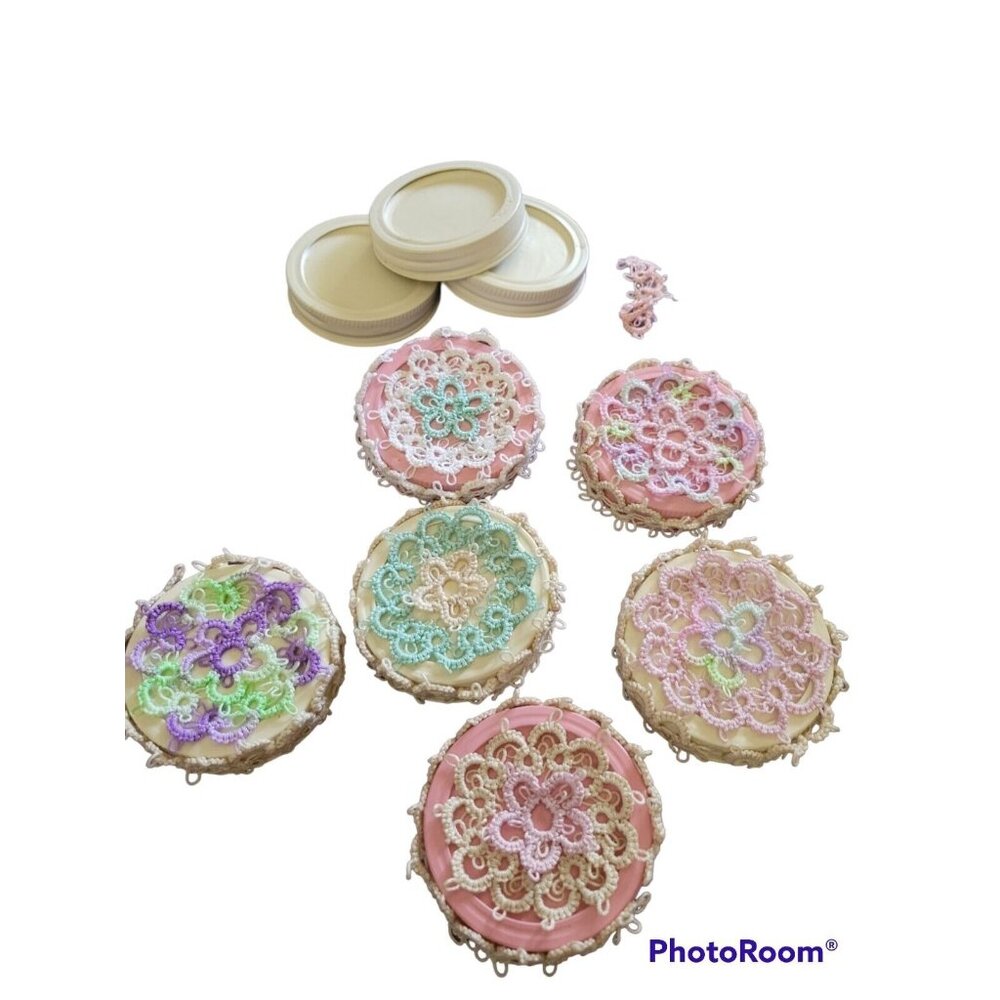 LOT 6 Vintage HANDMADE TATTING Tiny Dainty Lace Pattern Jar Lids Small Mouth NEW